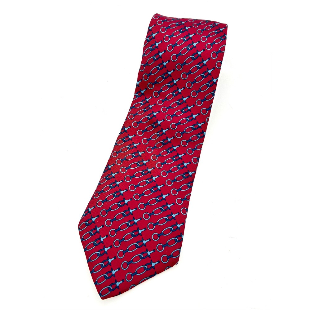 Bert Pulitzer Mens Red Blue Silk Chain Link Equestrian Pattern Necktie USA Made